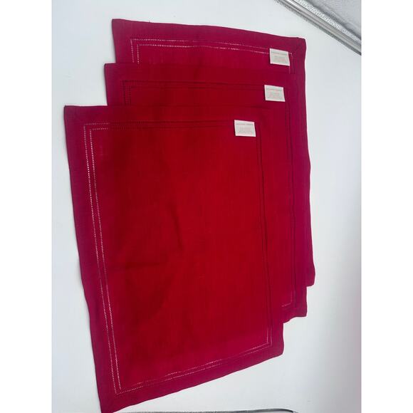 Williams Sonoma Linen Double Hemstitch Linen placemats festive red SET 3 Holiday - Picture 4 of 7